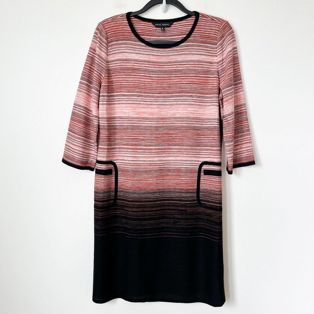 Ming Wang Striped Knit Dress 3/4 Sleeve Front Pockets Womens Medium Orange Black